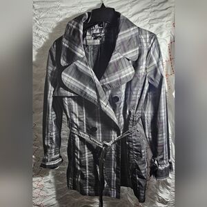 Willi Smith Gray and Purple Plaid Trench Coat